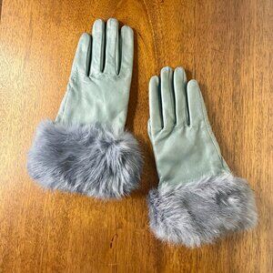 Grey Leather Gloves w/ Rabbit Fur Cuffs Sz M Ann Taylor Fleece Lined